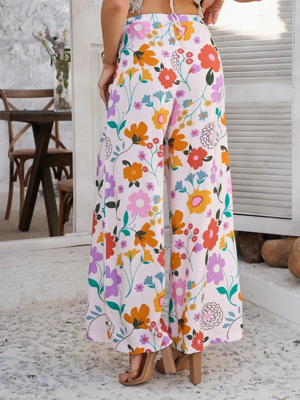 Devine Drawstring Printed Wide Leg Pants - Piña Colada
