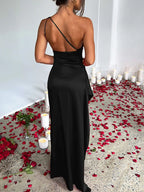 One Shoulder Satin Dress with High Slit - Piña Colada