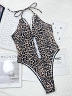 Leopard Cutout Halter Neck One-Piece Swimwear - Piña Colada