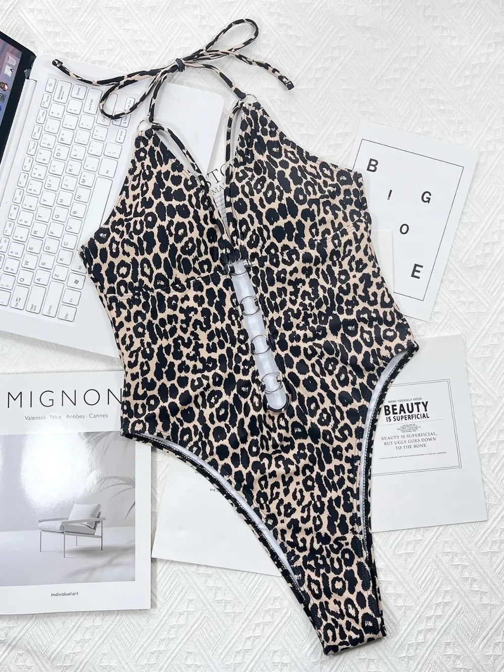 Leopard Cutout Halter Neck One-Piece Swimwear - Piña Colada