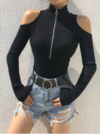 Zip Front Cold Shoulder Bodysuit - Piña Colada