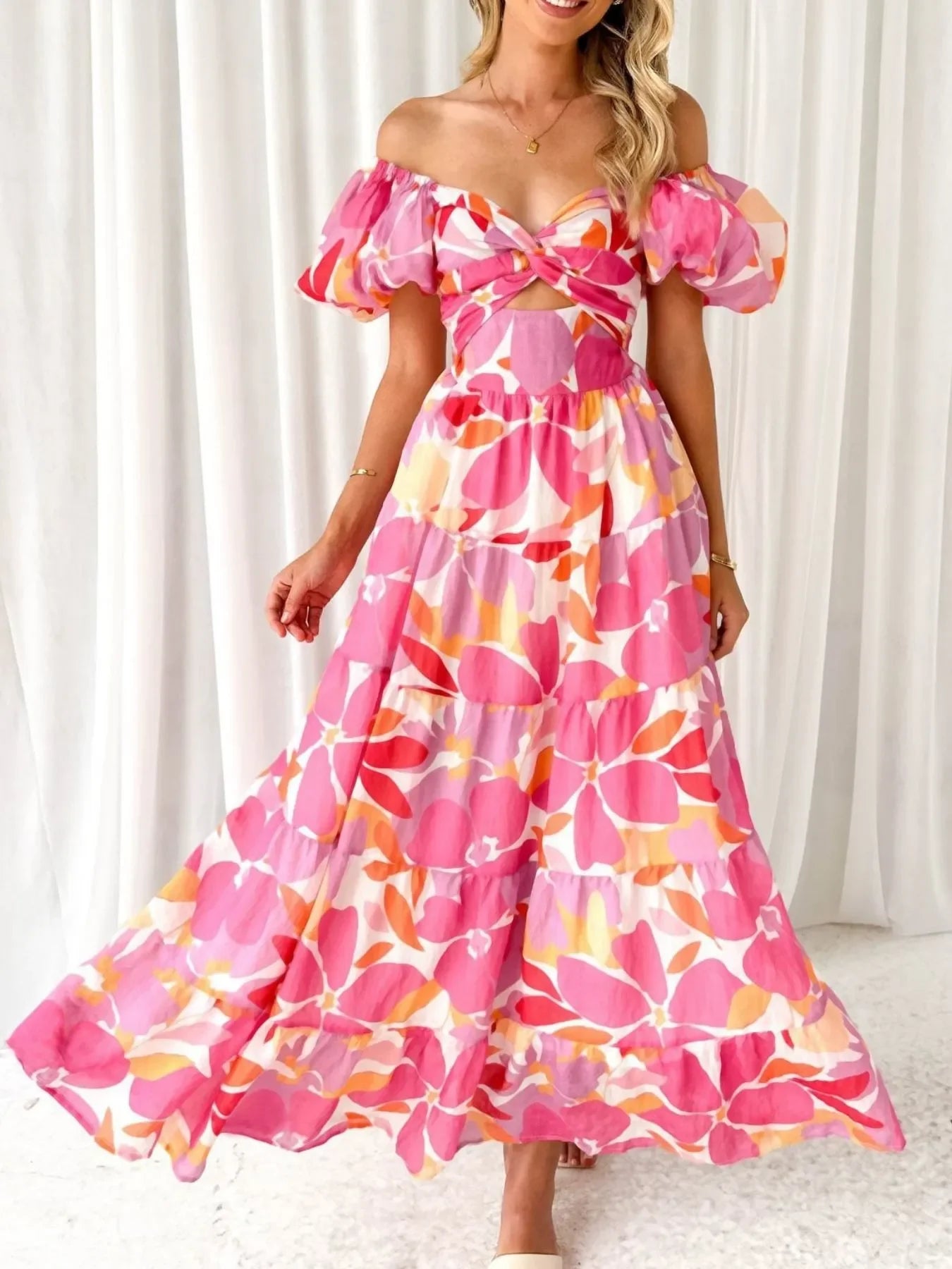 Off-Shoulder Floral Tiered Dress with Ruffle Details - Piña Colada