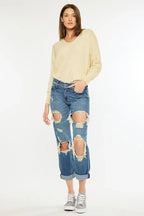 Kancan Distressed Mid Rise True Boyfriend Jeans - Piña Colada