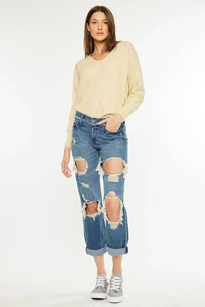 Kancan Distressed Mid Rise True Boyfriend Jeans - Piña Colada