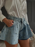 Rhinestone High Waist Denim Shorts - Piña Colada