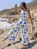 Printed V-Neck Wide Leg Jumpsuit - Piña Colada