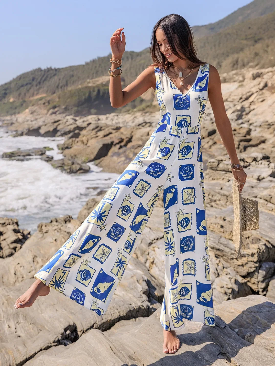 Printed V-Neck Wide Leg Jumpsuit - Piña Colada