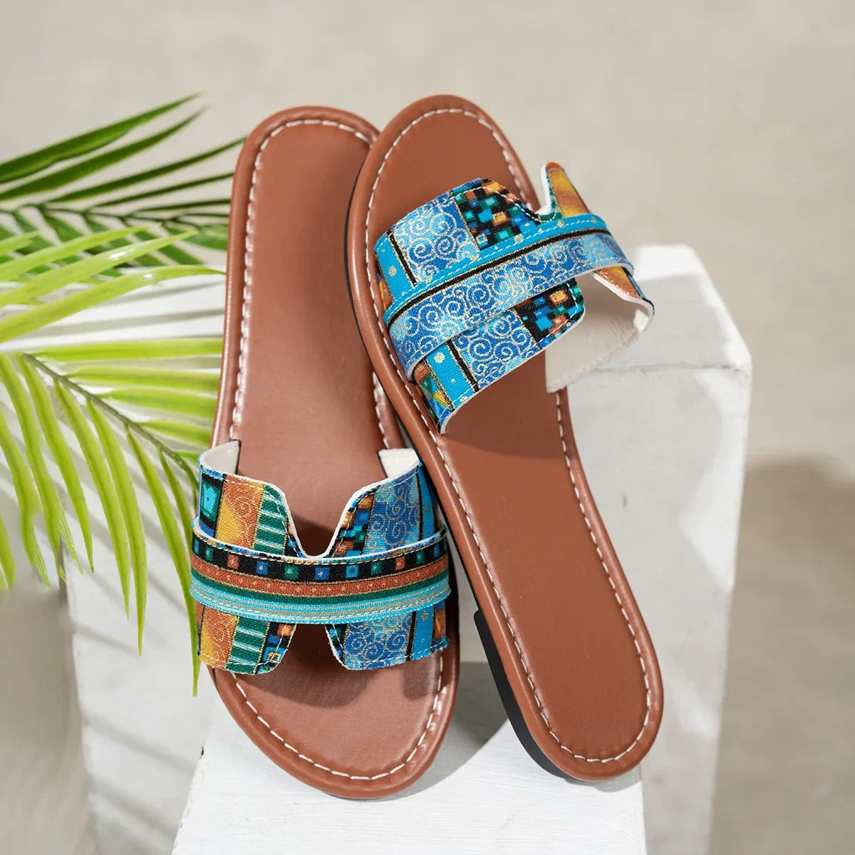 Bohemian Print Flat Sandals - Piña Colada