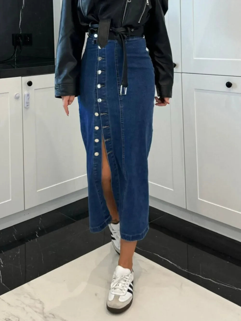 Front Button Slit Midi Denim Skirt - Piña Colada