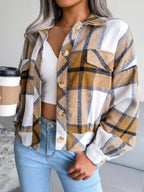 Plaid Collared Neck Long Sleeve Jacket - Piña Colada