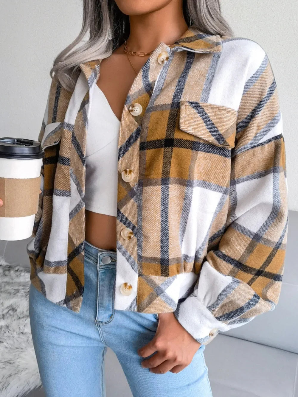 Plaid Collared Neck Long Sleeve Jacket - Piña Colada