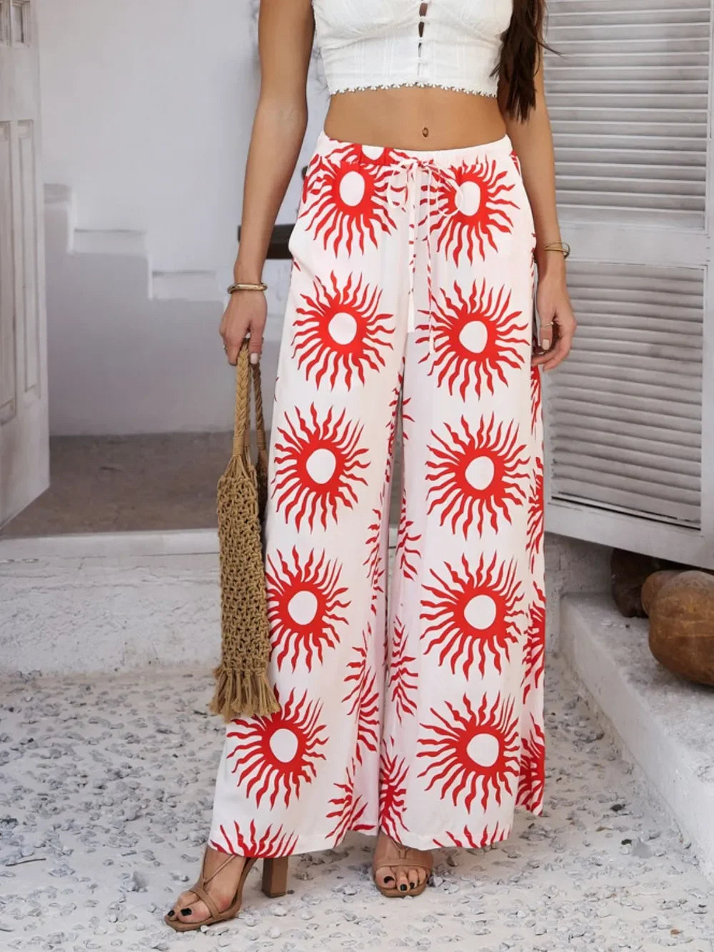Devine Drawstring Printed Wide Leg Pants - Piña Colada