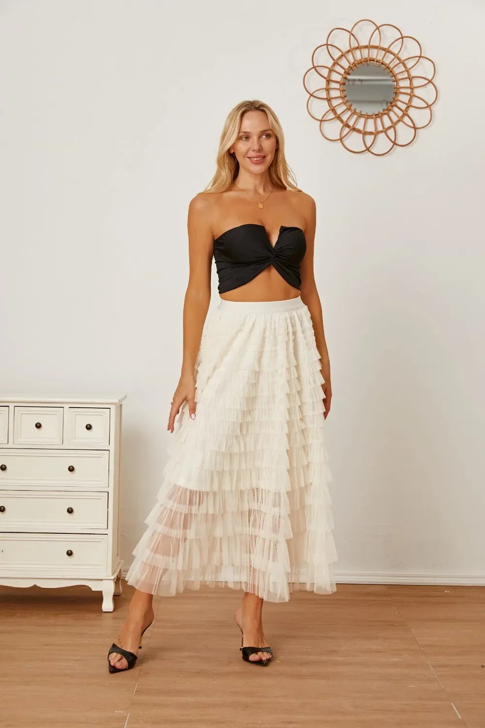 Ruched High Waist Tiered Skirt - Piña Colada