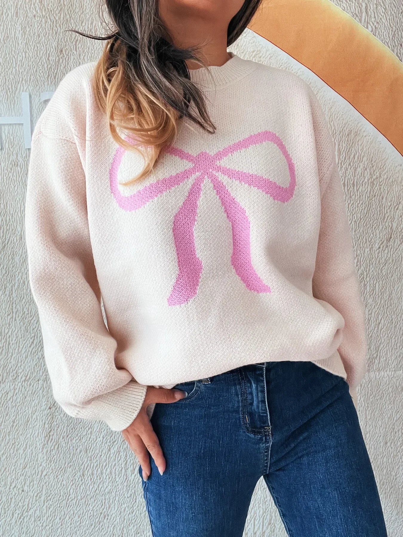 Bow Pattern Casual Long Sleeve Sweater - Piña Colada