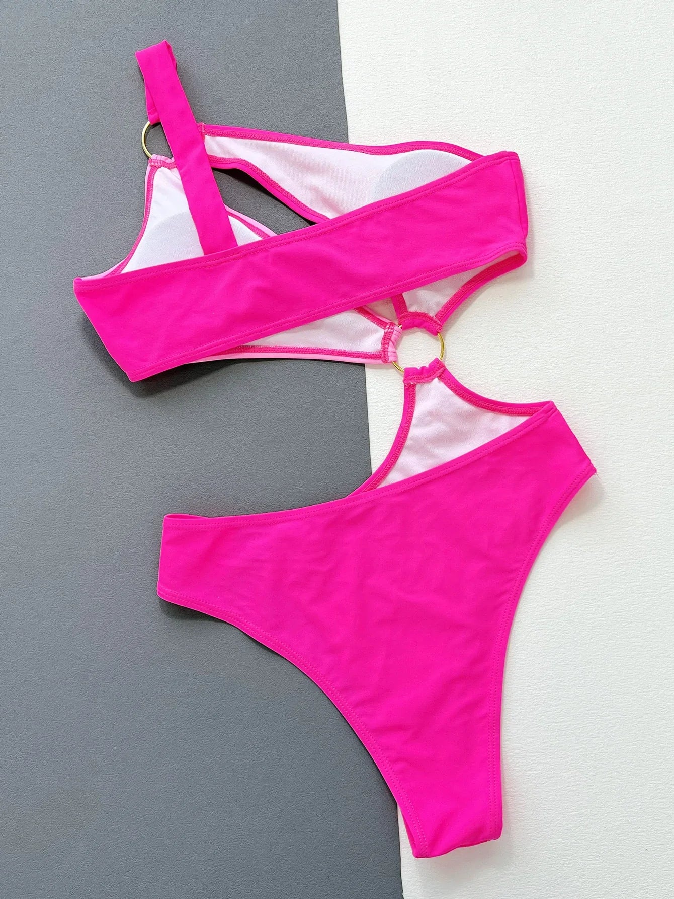 One-Shoulder Cutout Ring Detail One-Piece Swimsuit - Piña Colada
