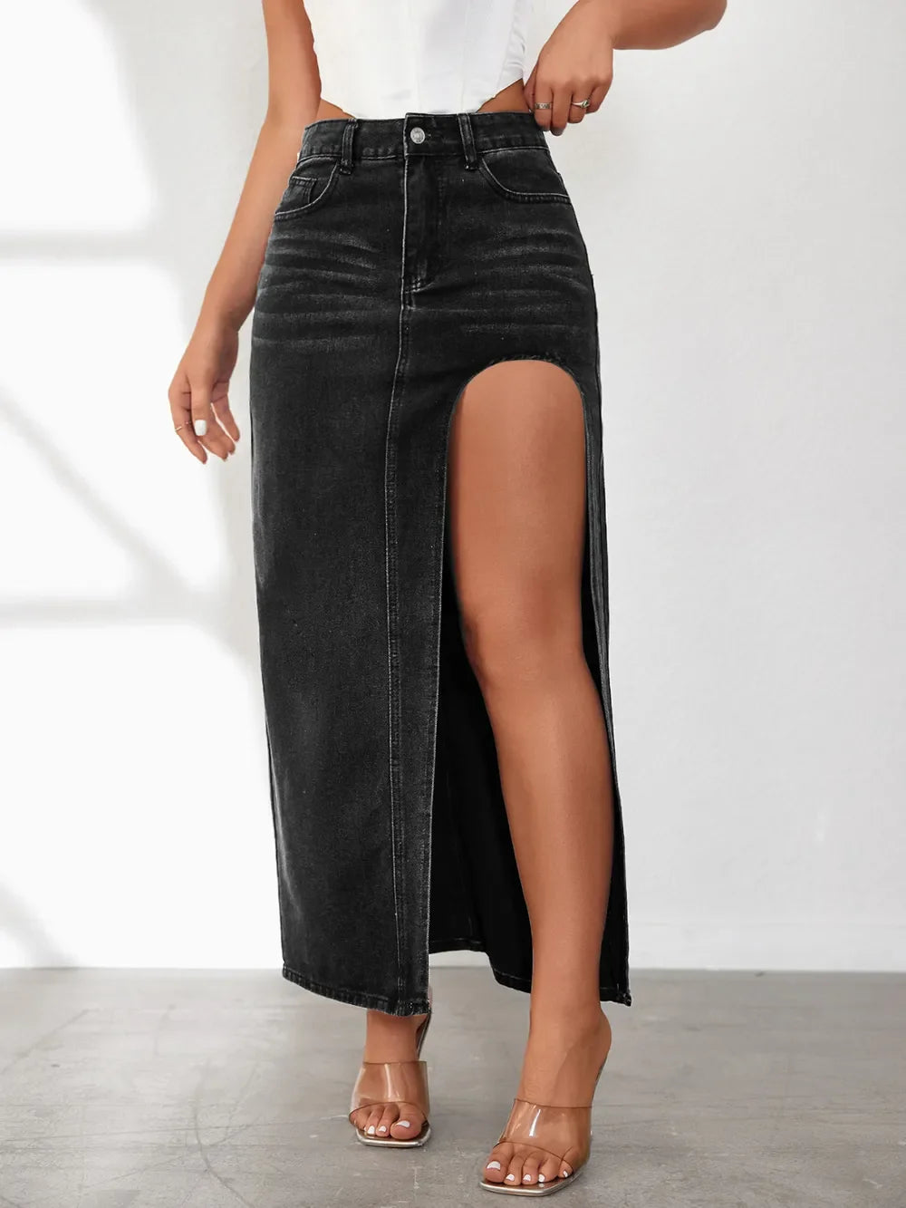 High Rise Slit Denim Skirt - Piña Colada