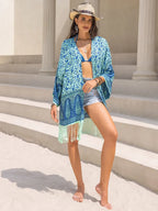 Fringe Printed Open Front Cover-Up - Piña Colada