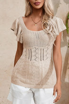 Openwork Ruffled Scoop Neck Knit Top - Piña Colada