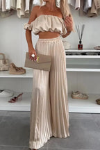 Off-Shoulder Top and Pleated Pants Set - Piña Colada