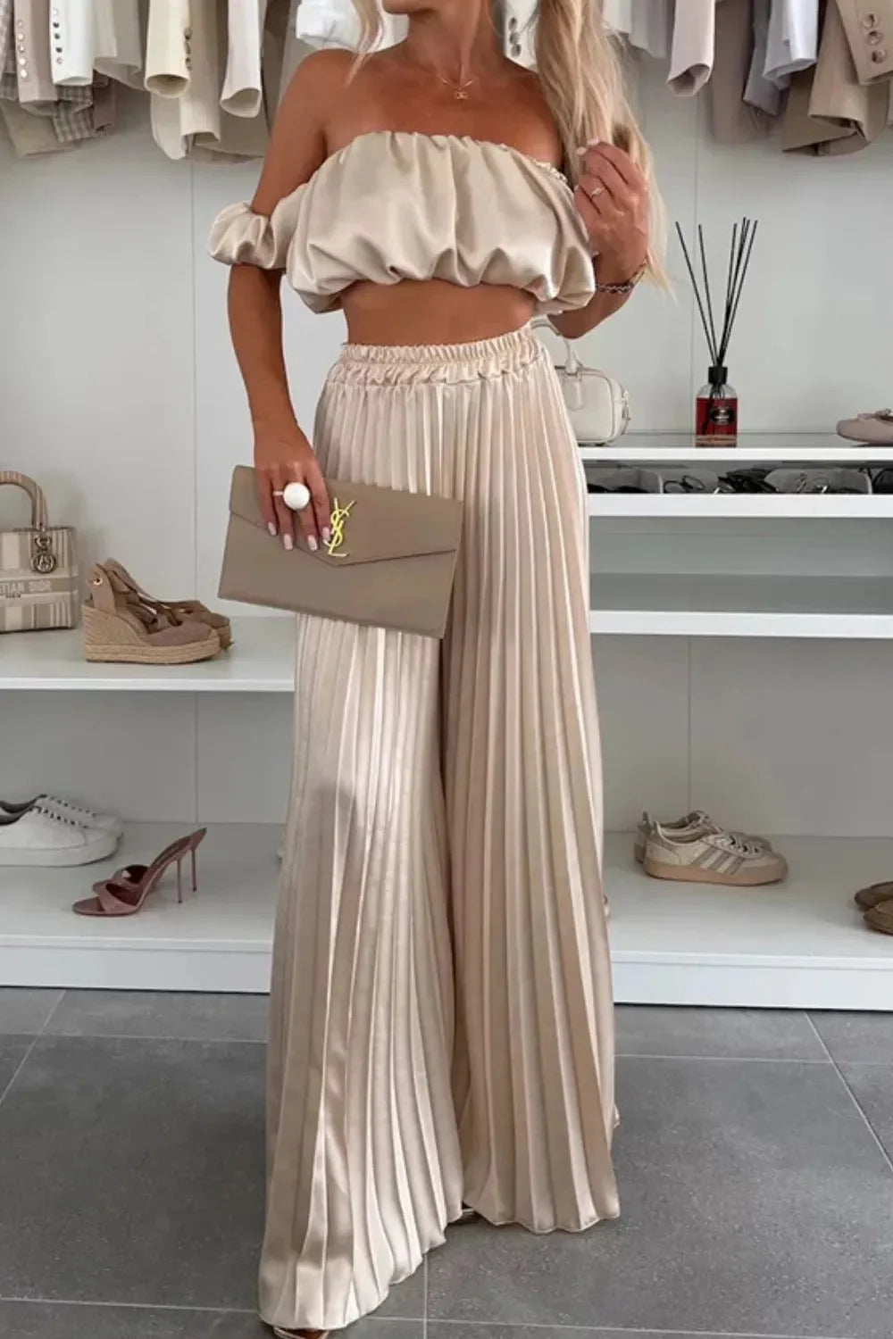 Off-Shoulder Top and Pleated Pants Set - Piña Colada