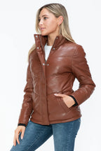 Snobbish Pocketed Zip Up Turtleneck Puffer Jacket - Piña Colada