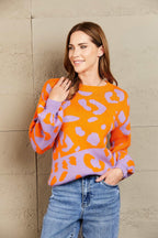 Angel Wings Woven Right Leopard Round Neck Dropped Shoulder Sweater - Piña Colada
