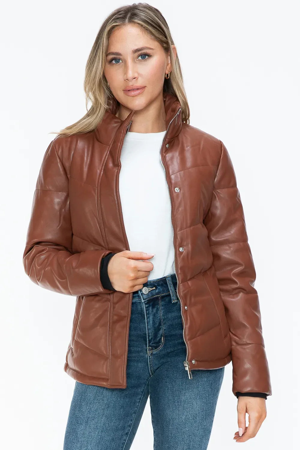 Snobbish Pocketed Zip Up Turtleneck Puffer Jacket - Piña Colada