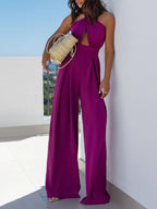 Wide Leg Cutout Halter Neck Jumpsuit - Piña Colada