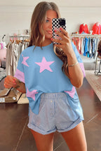 Oversized Star Patch T-Shirt – Raw Hem Split Design for Women - Piña Colada
