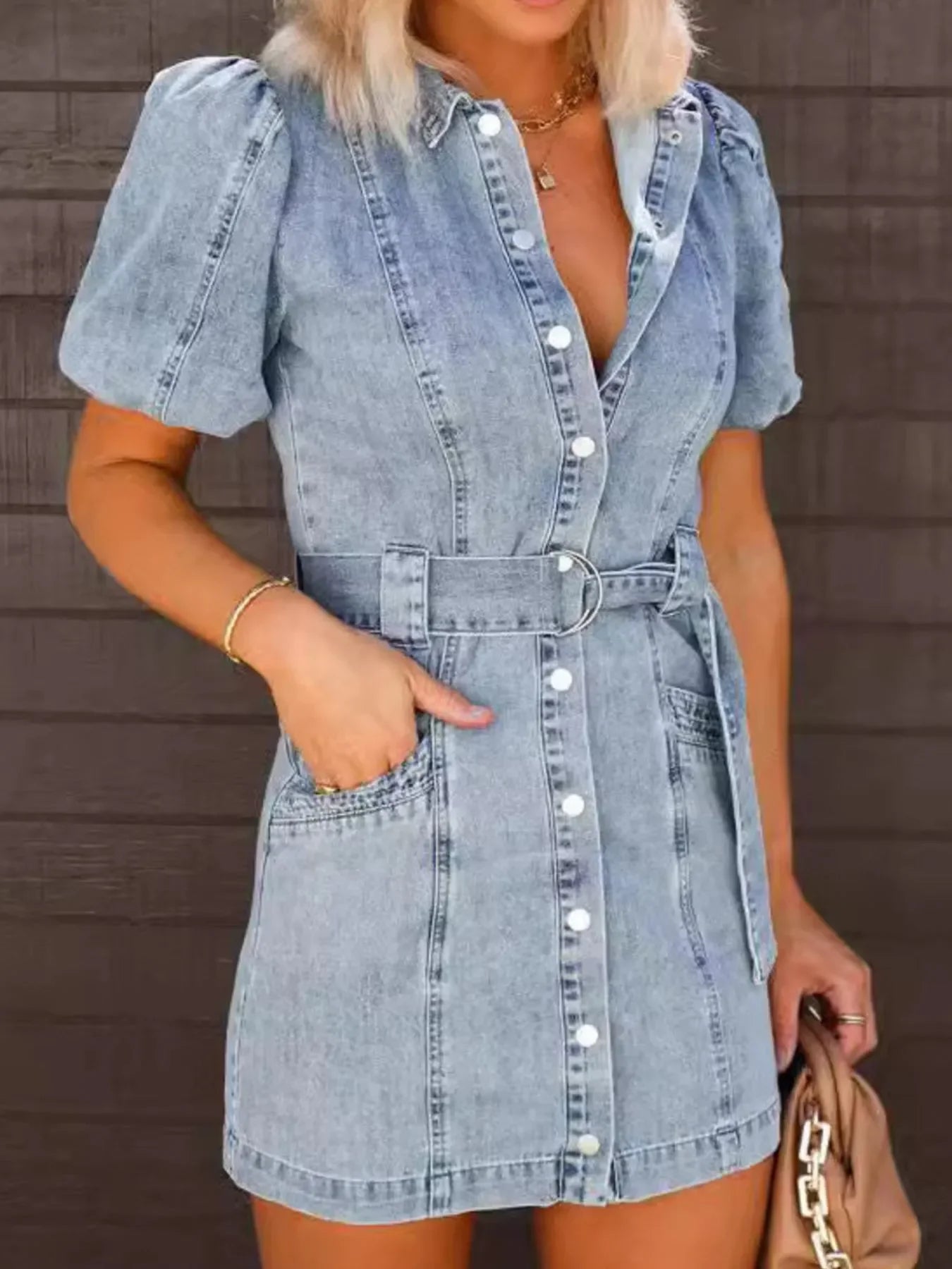 Button-Up Puff Sleeve Denim Shirt Dress. - Piña Colada