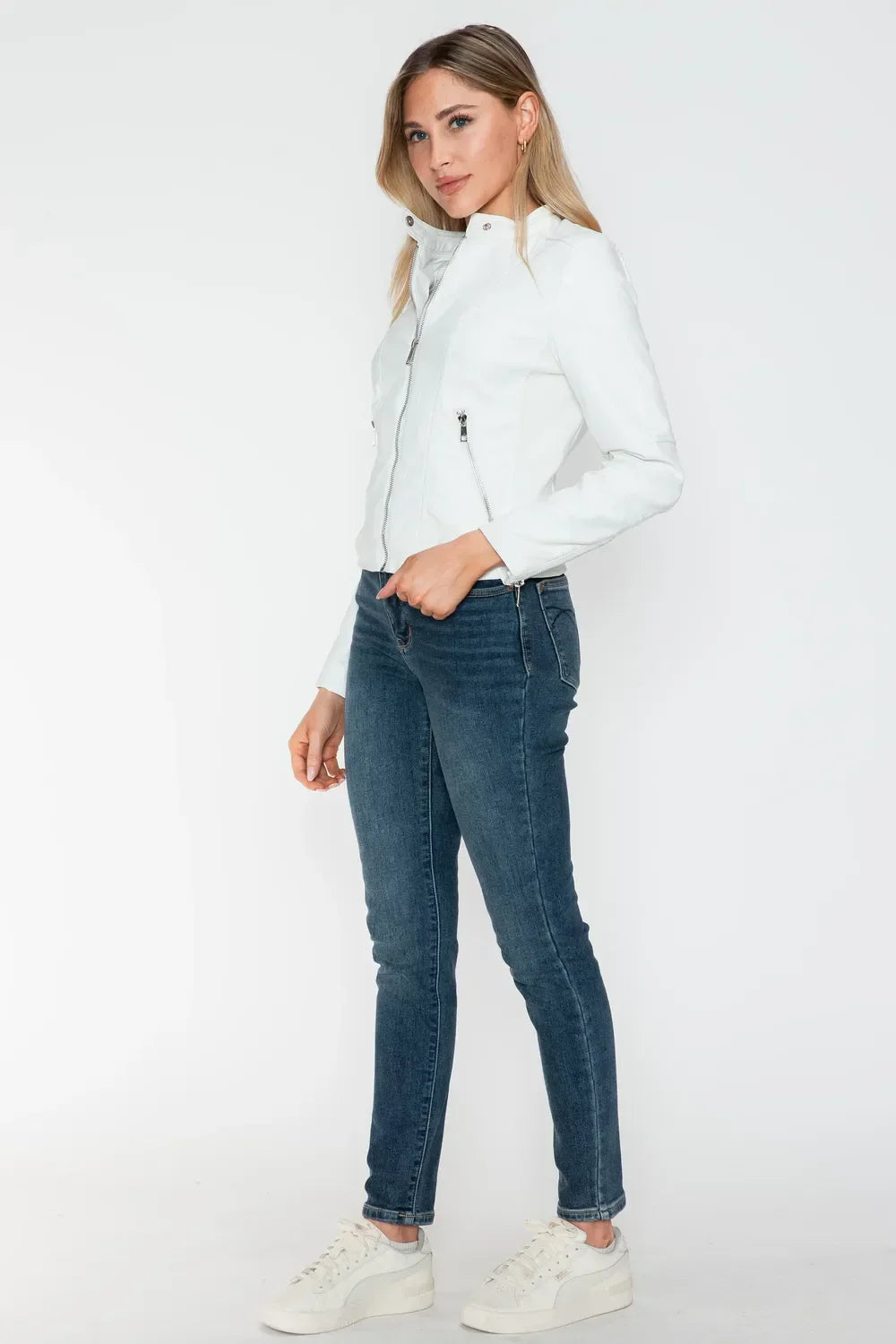 Snobbish PU Leather Zip Up Jacket with Pockets - Piña Colada