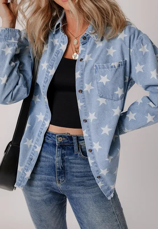 Star Collared Neck Denim Jacket - Piña Colada