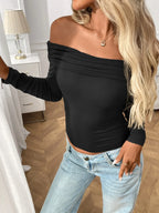 Off-Shoulder Long Sleeve Fitted T-Shirt - Piña Colada