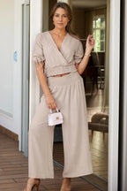 Surplice Short Sleeve Top and Pants Set - Piña Colada