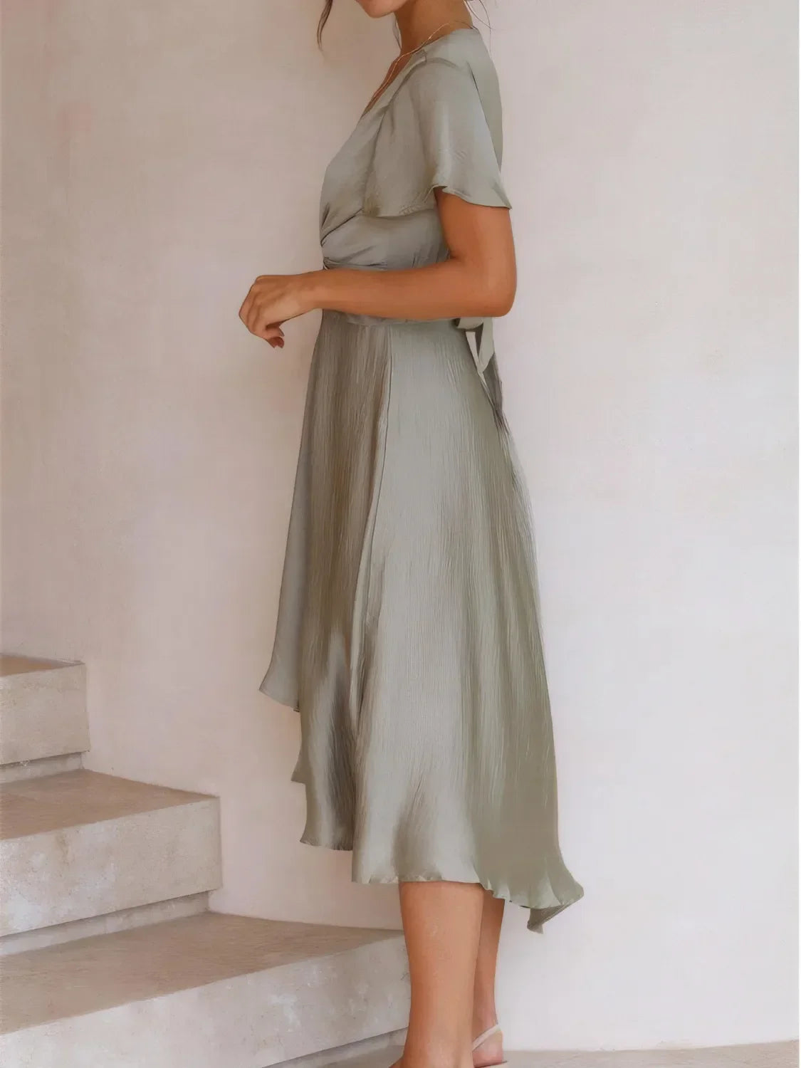 High-Low Plunge Flutter Sleeve Dress - Piña Colada