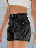 Rhinestone Washed High Waist Denim Shorts - Piña Colada