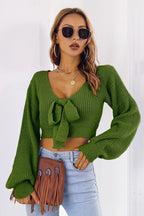 Bow V-Neck Long Sleeve Cropped Sweater - Piña Colada
