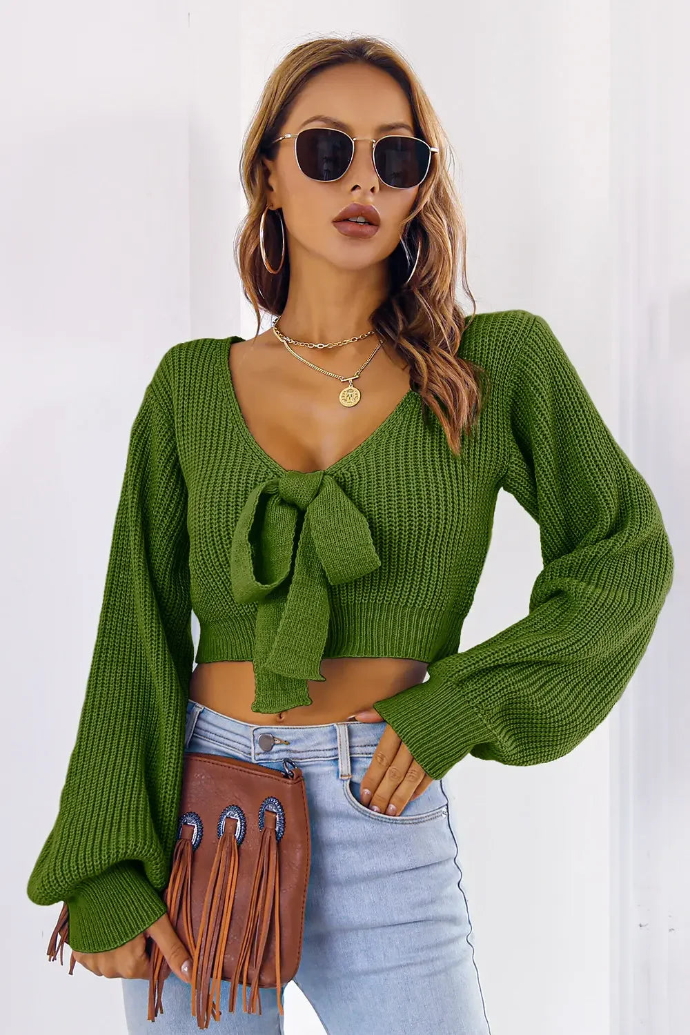 Bow V-Neck Long Sleeve Cropped Sweater - Piña Colada