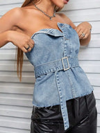 Frayed Hem Button Detail Tube Top - Piña Colada