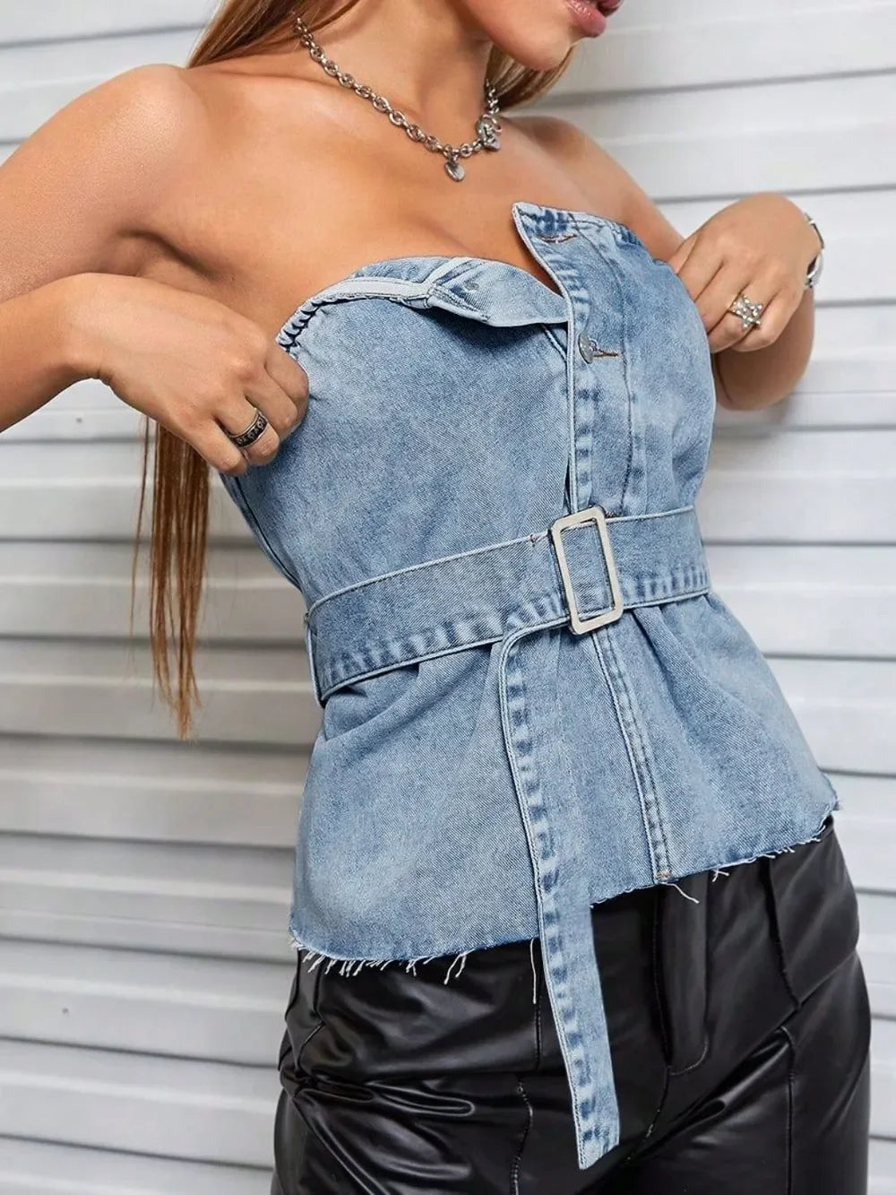 Frayed Hem Button Detail Tube Top - Piña Colada