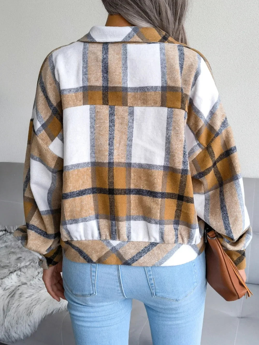 Plaid Collared Neck Long Sleeve Jacket - Piña Colada