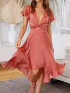 High-Low Plunge Flutter Sleeve Dress - Piña Colada
