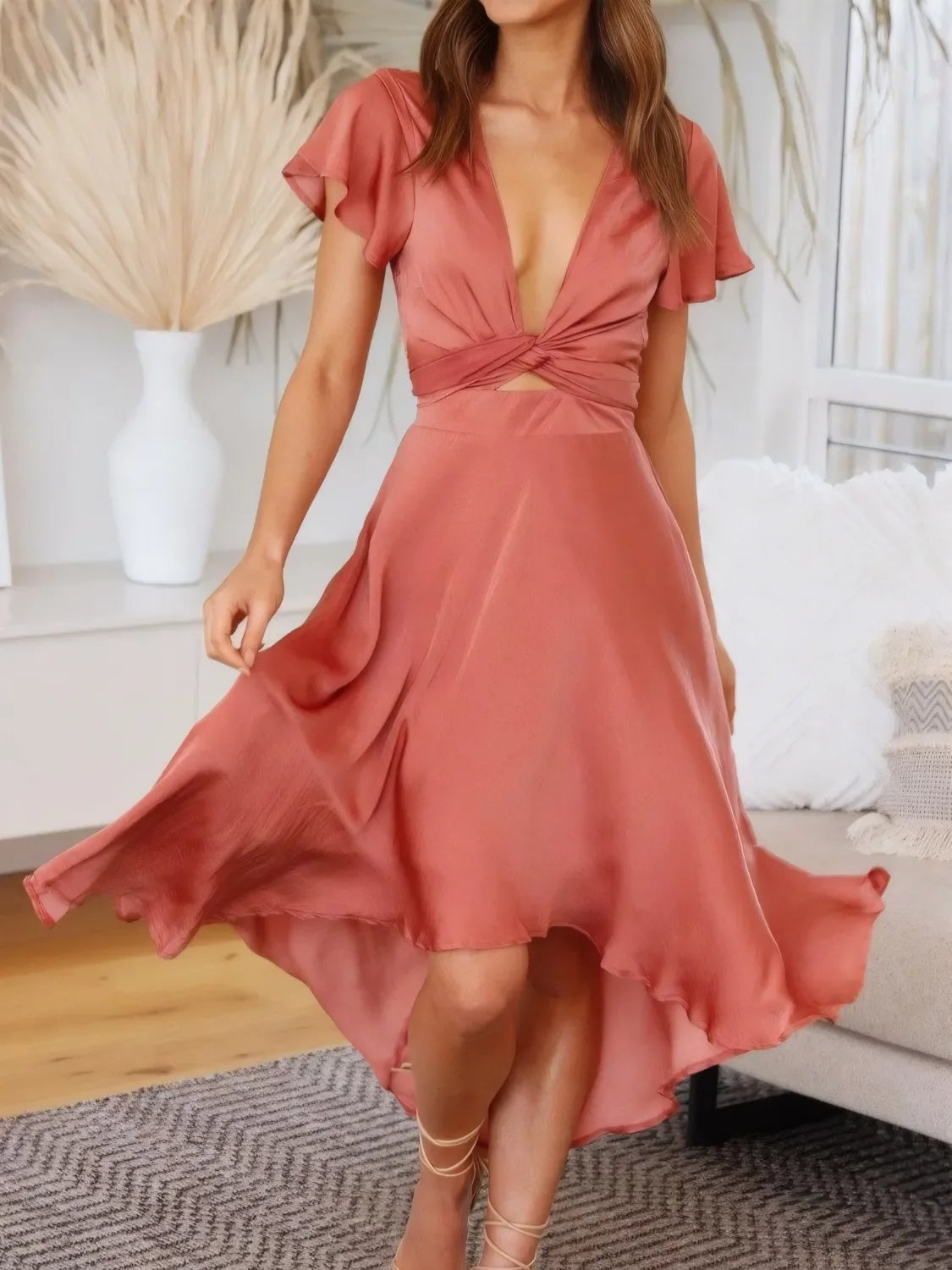 High-Low Plunge Flutter Sleeve Dress - Piña Colada