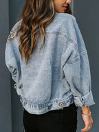 Distressed Leopard Drop Shoulder Denim Jacket - Piña Colada