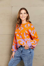 Angel Wings Woven Right Leopard Round Neck Dropped Shoulder Sweater - Piña Colada