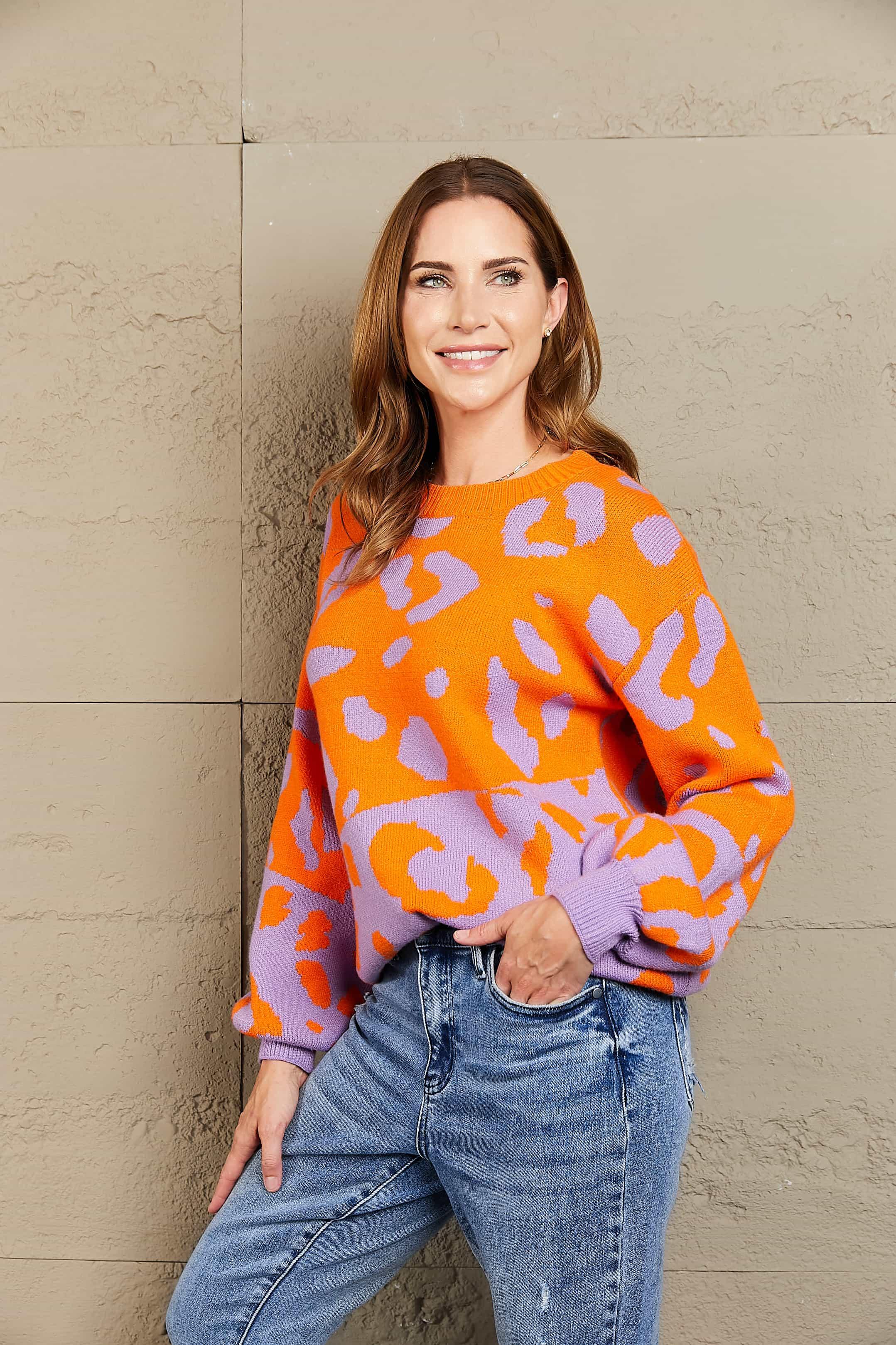 Angel Wings Woven Right Leopard Round Neck Dropped Shoulder Sweater - Piña Colada