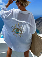 Evil Eye Embroidered Oversized Shirt - Piña Colada