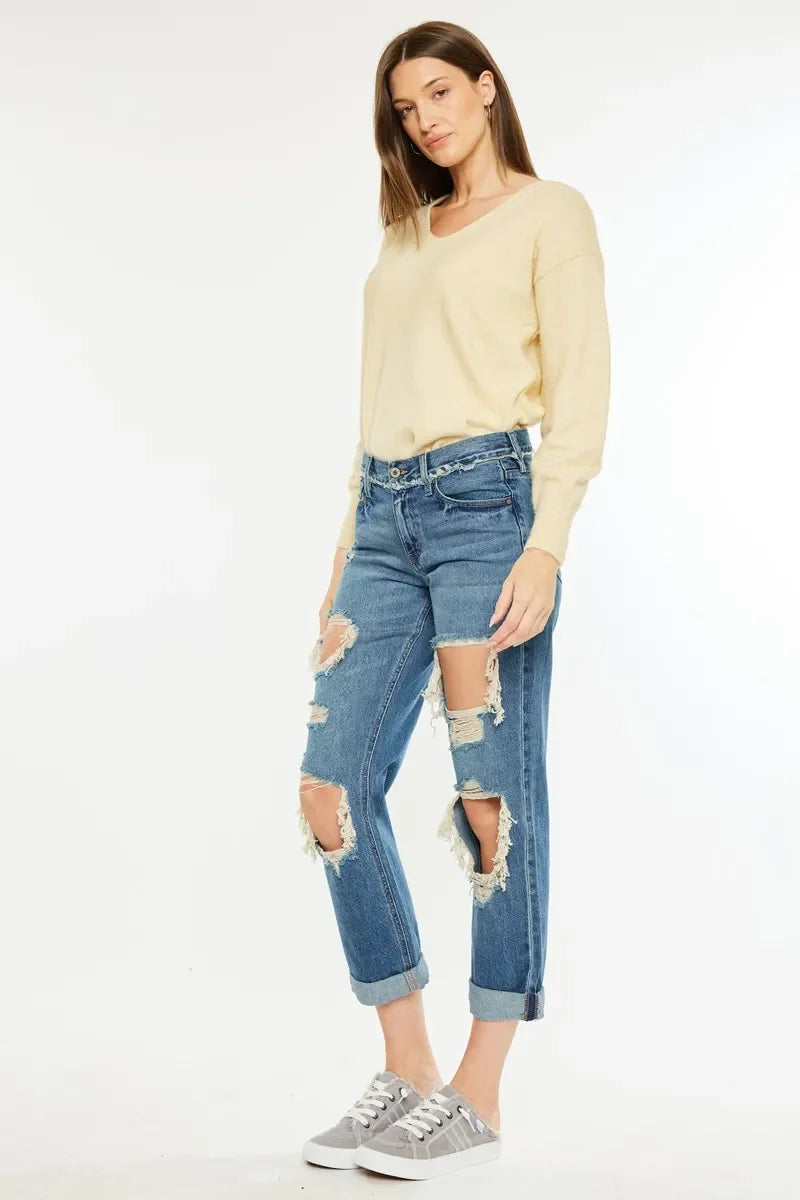 Kancan Distressed Mid Rise True Boyfriend Jeans - Piña Colada