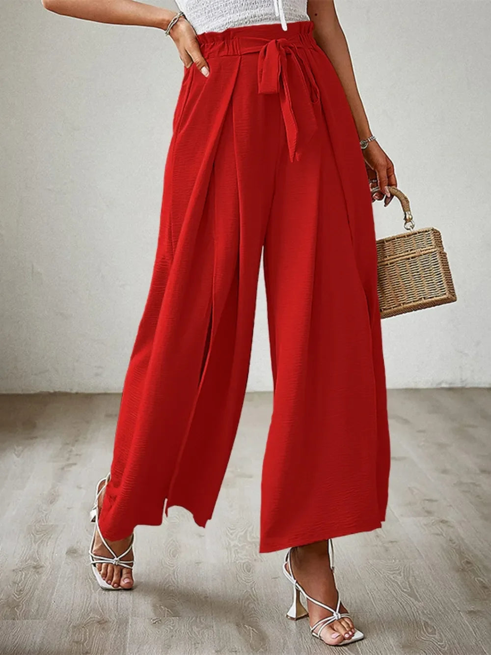 Tied Slit Wide Leg Pants - Piña Colada
