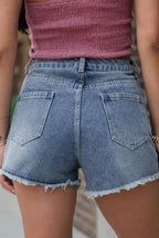Pearl Beaded Raw Hem Wash Denim Shorts - Piña Colada